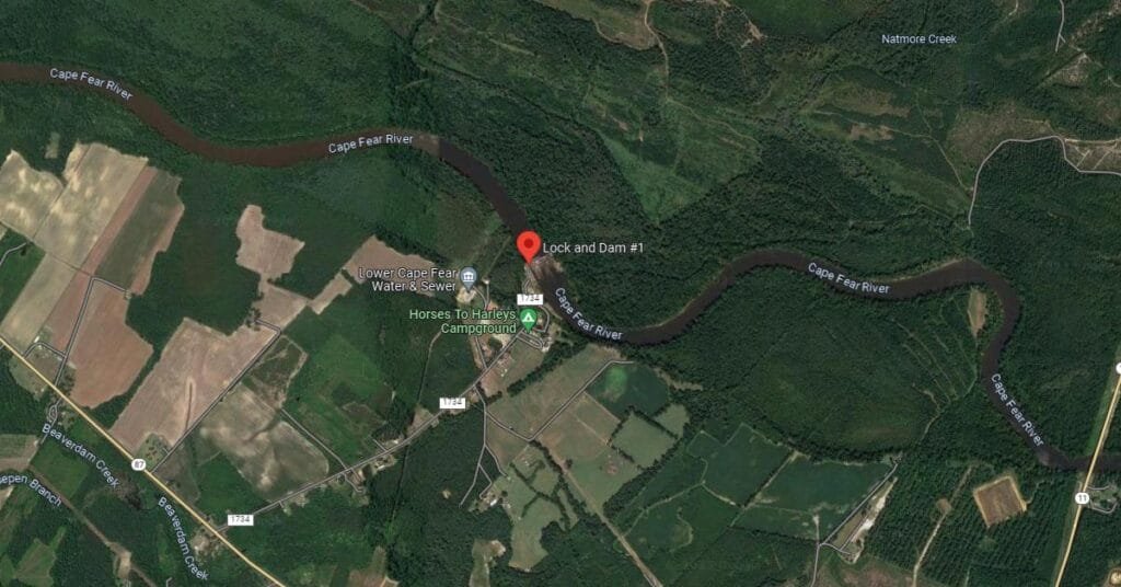 google map image of Lock and Dam #1 Cape Fear River